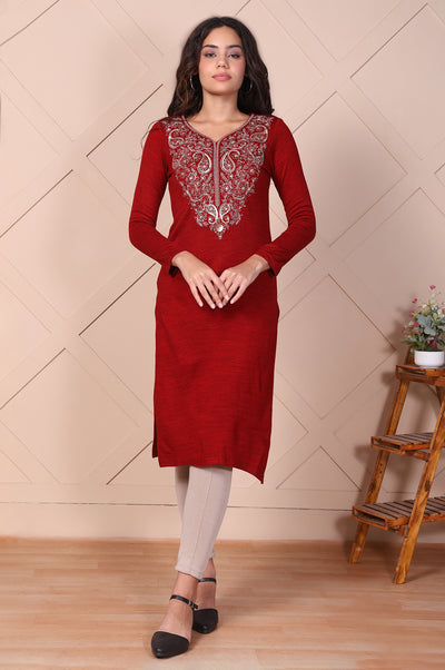Red Embroidered Paisley Zari Work Straight Acrylic Kurta
