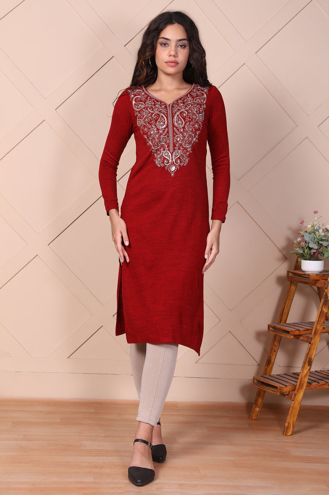 Red Embroidered Paisley Zari Work Straight Acrylic Kurta