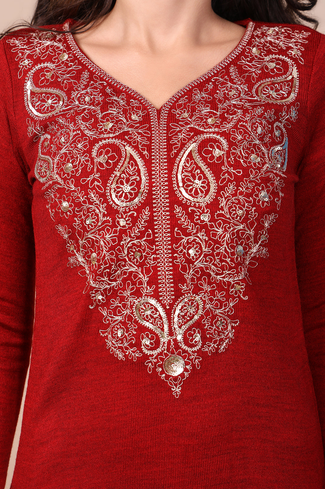Red Embroidered Paisley Zari Work Straight Acrylic Kurta