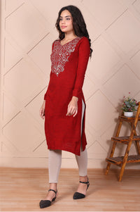 Red Embroidered Paisley Zari Work Straight Acrylic Kurta