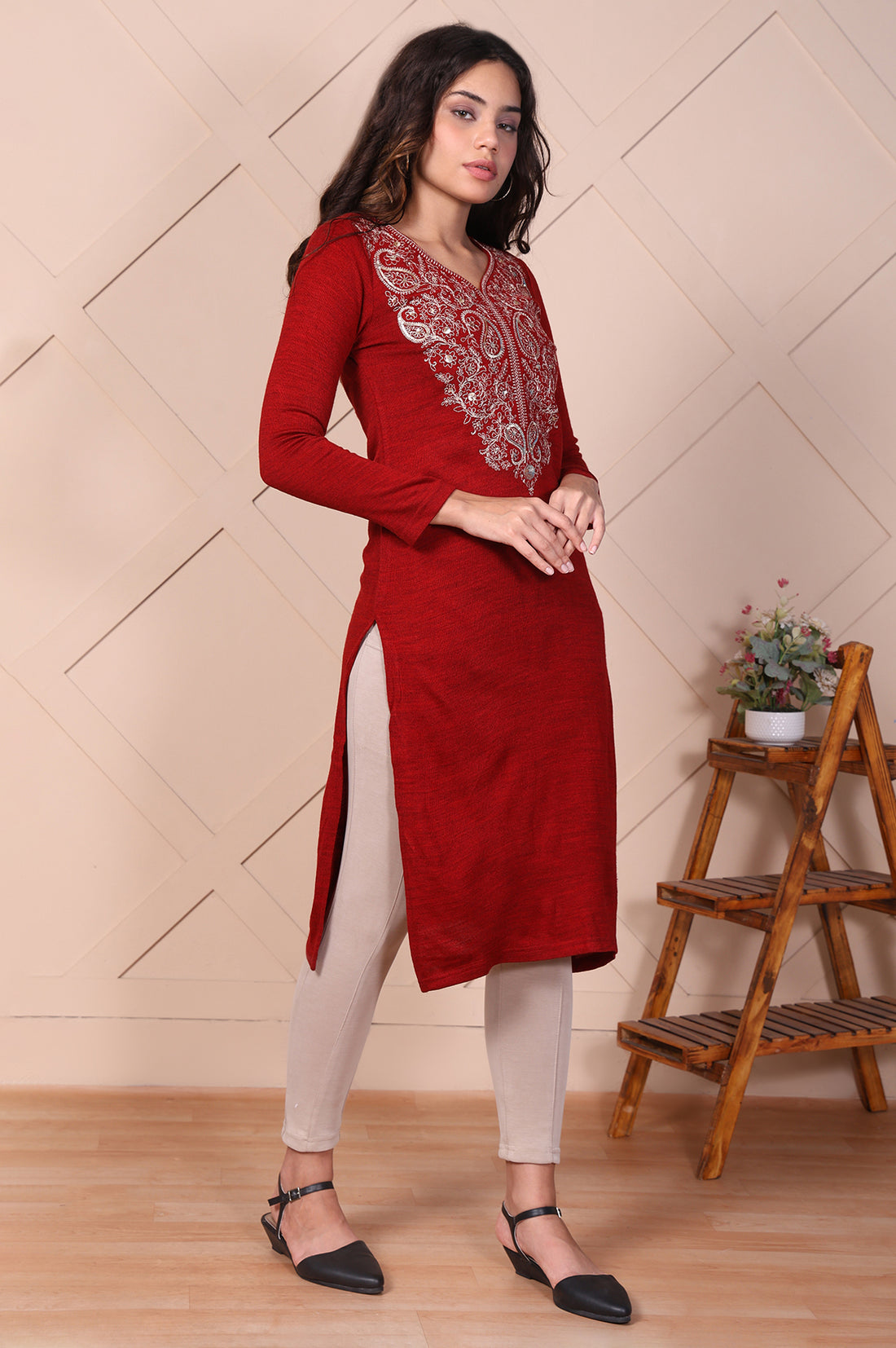 Red Embroidered Paisley Zari Work Straight Acrylic Kurta