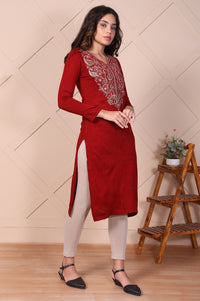 Red Embroidered Paisley Zari Work Straight Acrylic Kurta