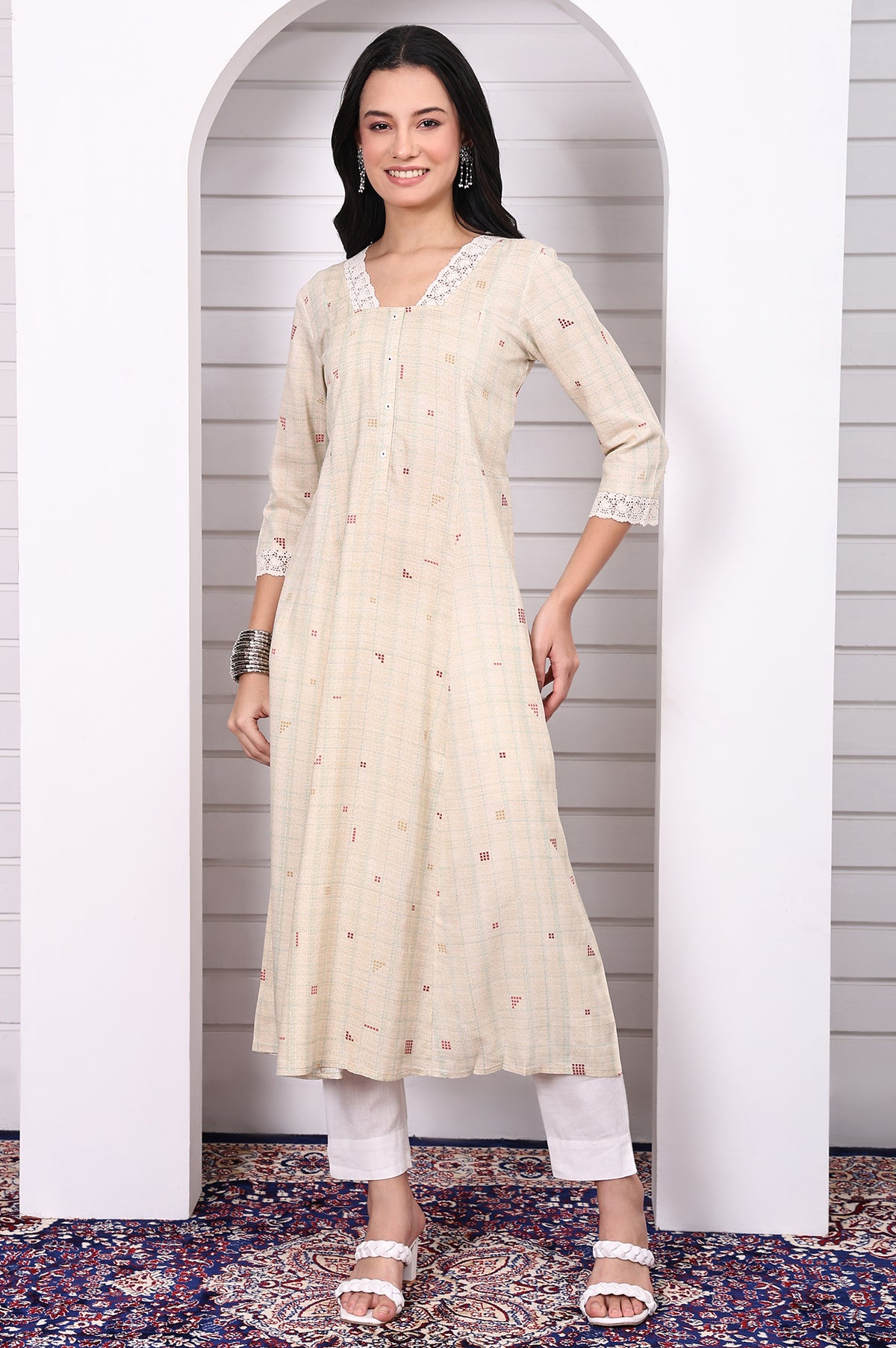 Cream Checker Rayon A-line Kurta with Lace in V neckline and sleeves hem - S