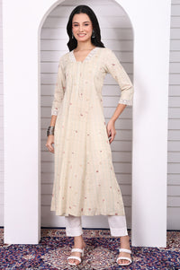 Cream Checker Rayon A-line Kurta with Lace in V neckline and sleeves hem