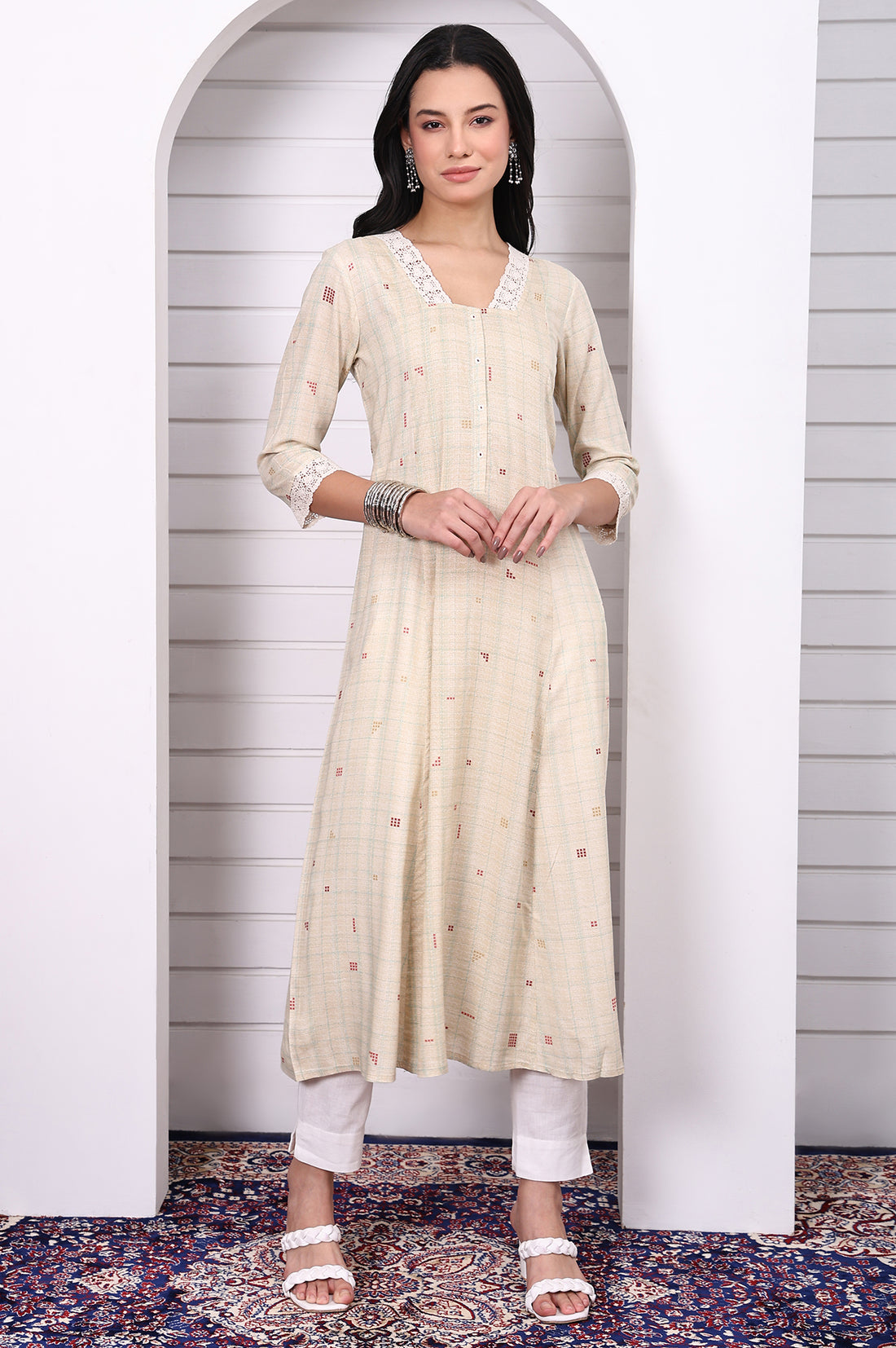 Cream Checker Rayon A-line Kurta with Lace in V neckline and sleeves hem