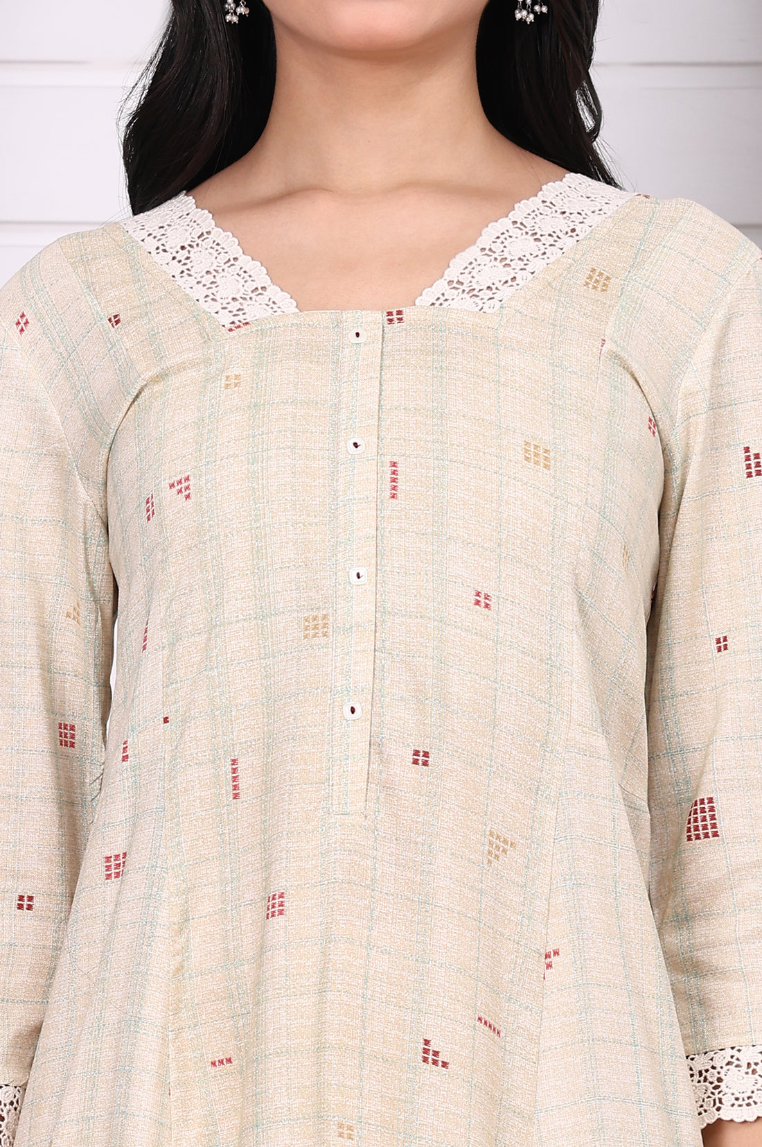 Cream Checker Rayon A-line Kurta with Lace in V neckline and sleeves hem