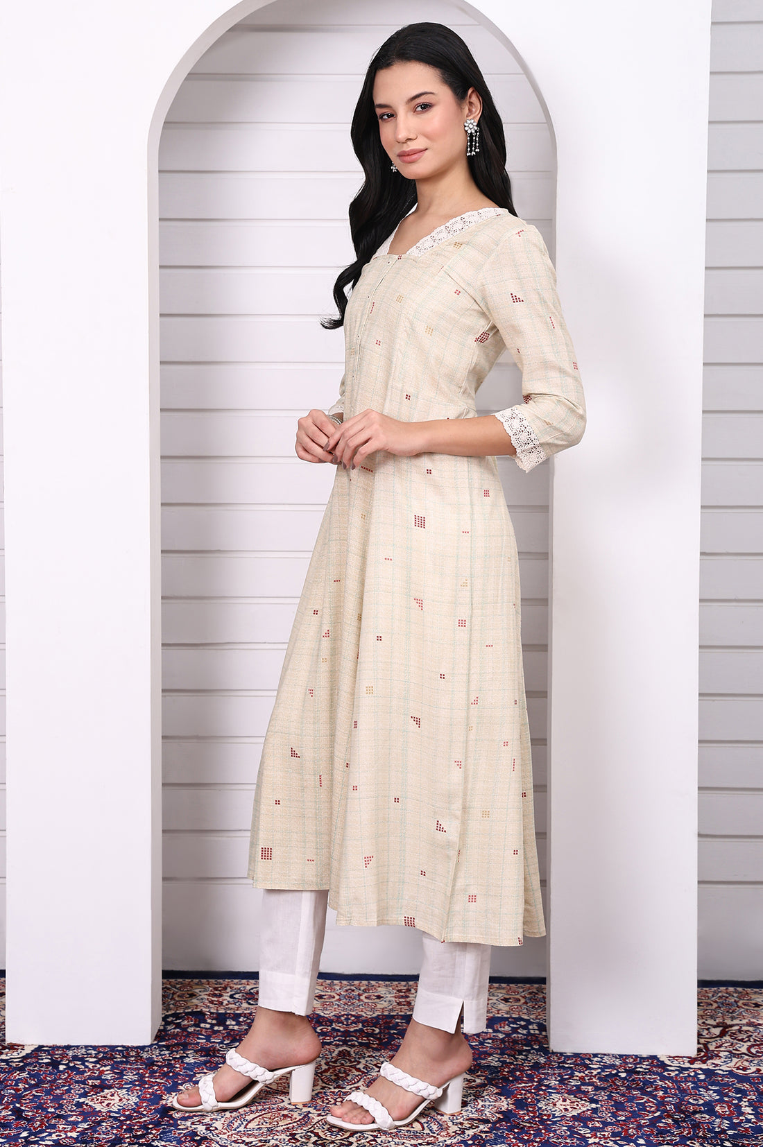 Cream Checker Rayon A-line Kurta with Lace in V neckline and sleeves hem