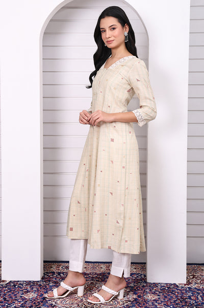 Cream Checker Rayon A-line Kurta with Lace in V neckline and sleeves hem