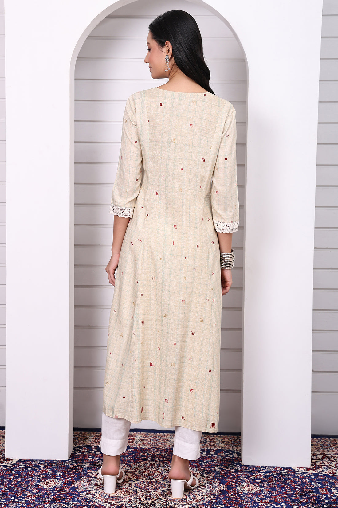 Cream Checker Rayon A-line Kurta with Lace in V neckline and sleeves hem