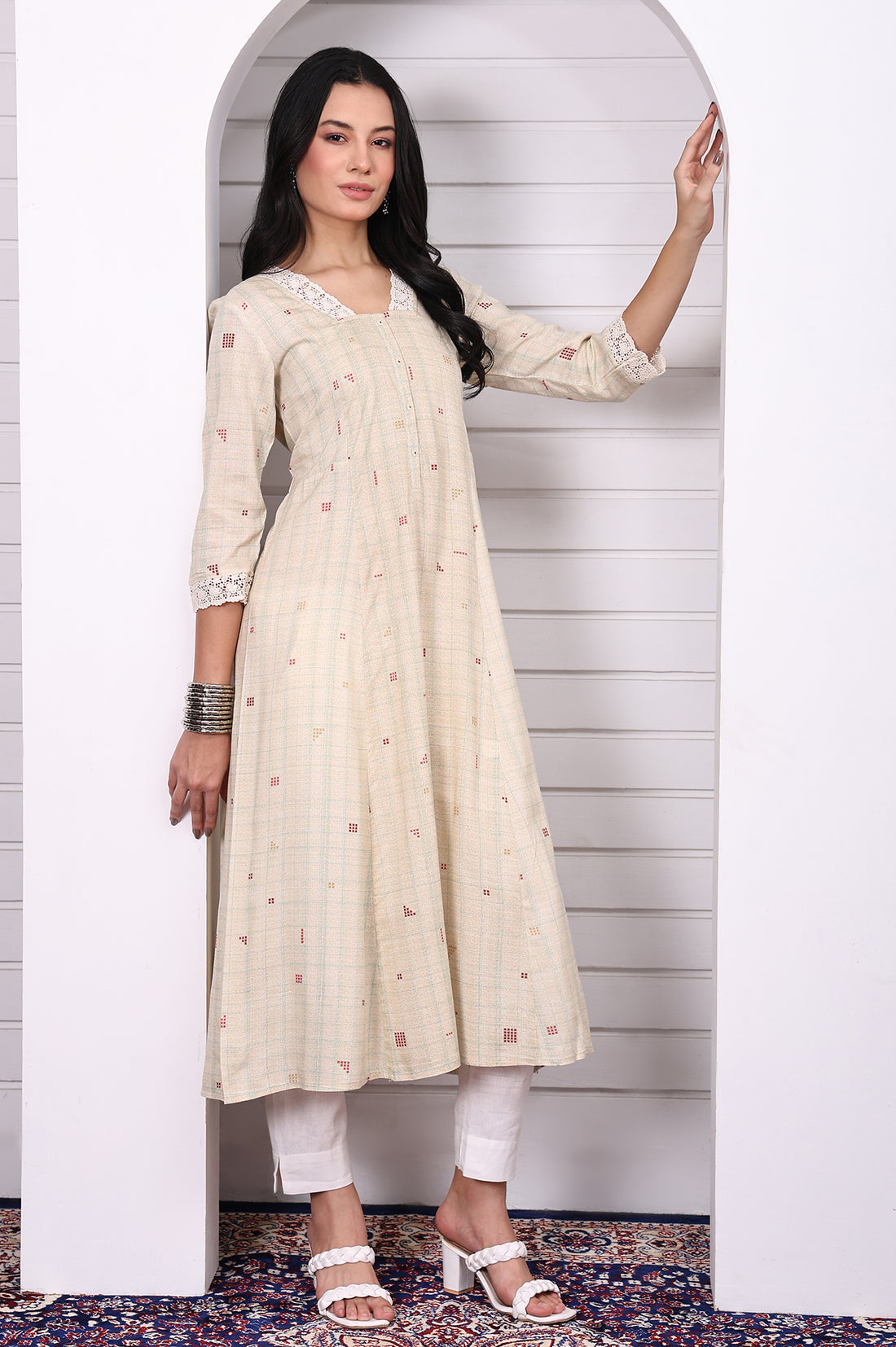 Cream Checker Rayon A-line Kurta with Lace in V neckline and sleeves hem