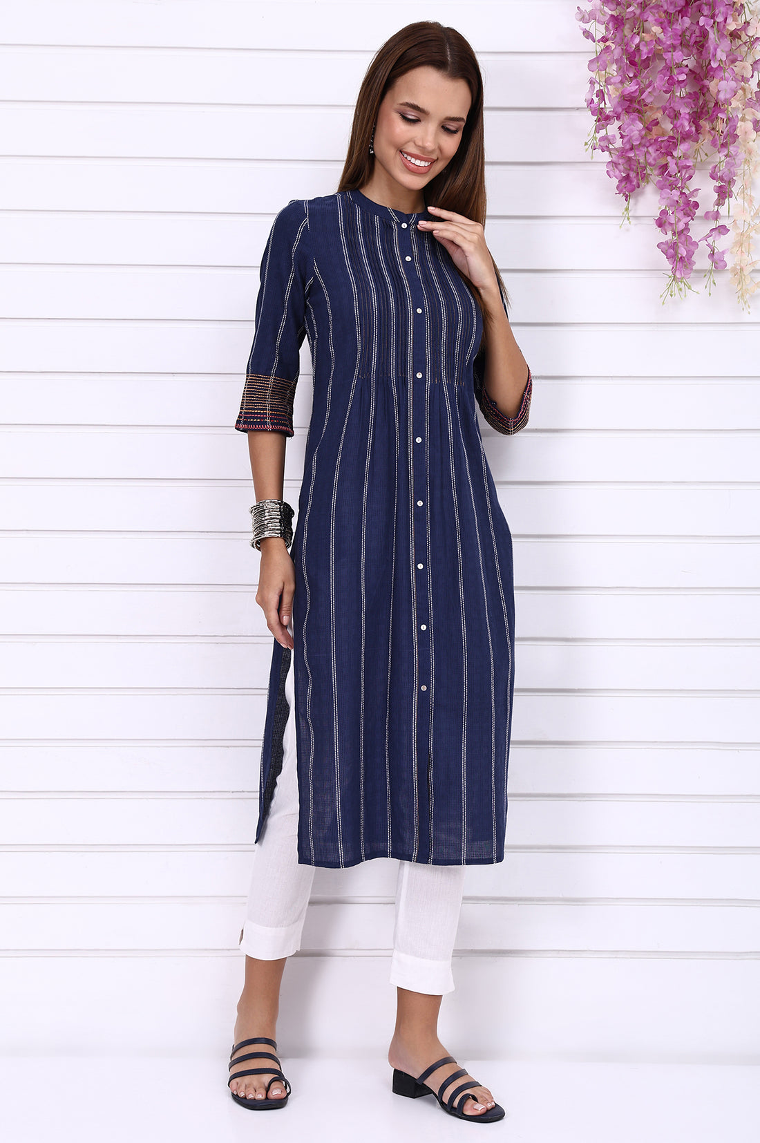 Navy Blue Striped Printed Thread Embroidered Cotton Straight Kurta
