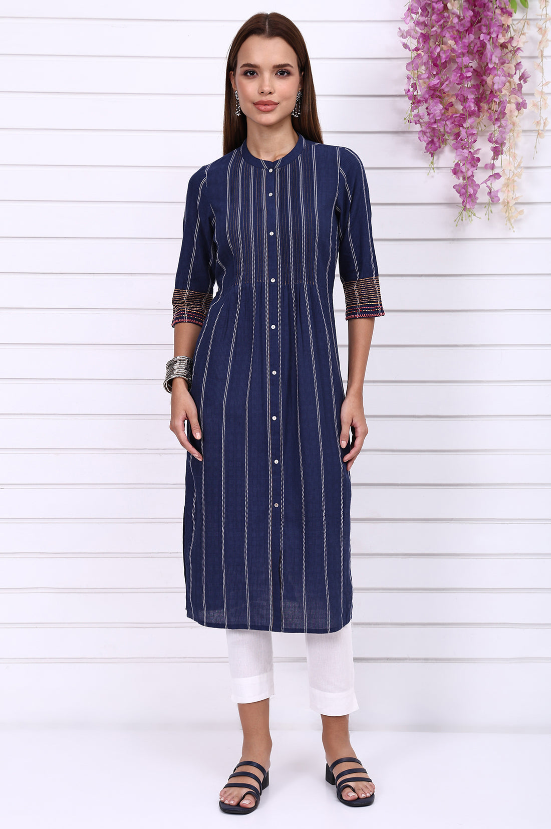 Navy Blue Striped Printed Thread Embroidered Cotton Straight Kurta