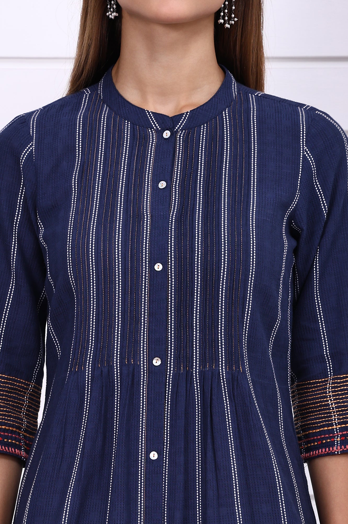 Navy Blue Striped Printed Thread Embroidered Cotton Straight Kurta