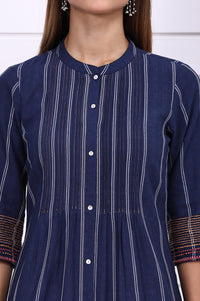 Navy Blue Striped Printed Thread Embroidered Cotton Straight Kurta