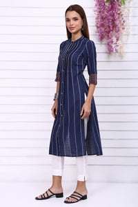 Navy Blue Striped Printed Thread Embroidered Cotton Straight Kurta