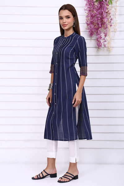 Navy Blue Striped Printed Thread Embroidered Cotton Straight Kurta