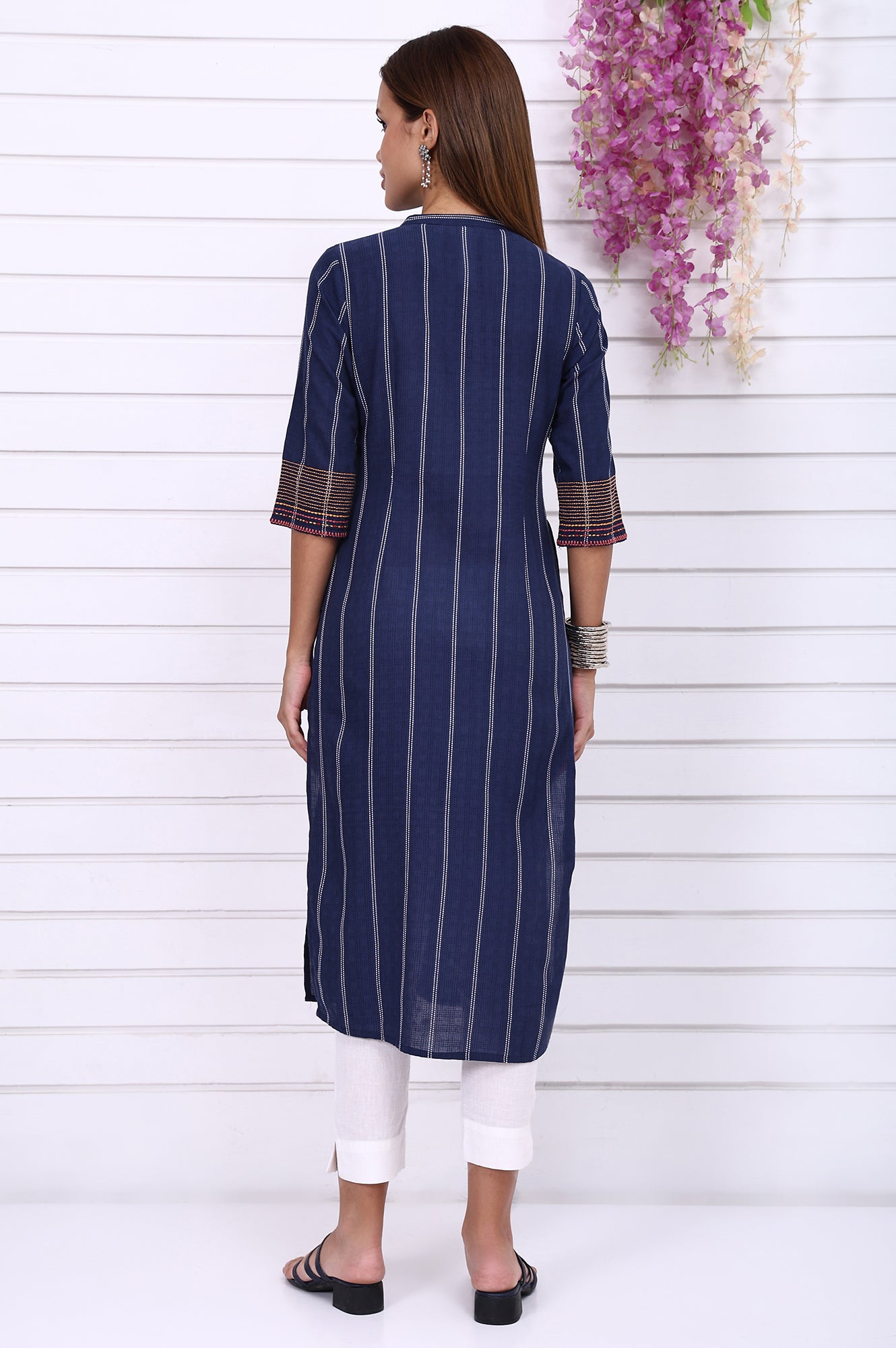 Navy Blue Striped Printed Thread Embroidered Cotton Straight Kurta