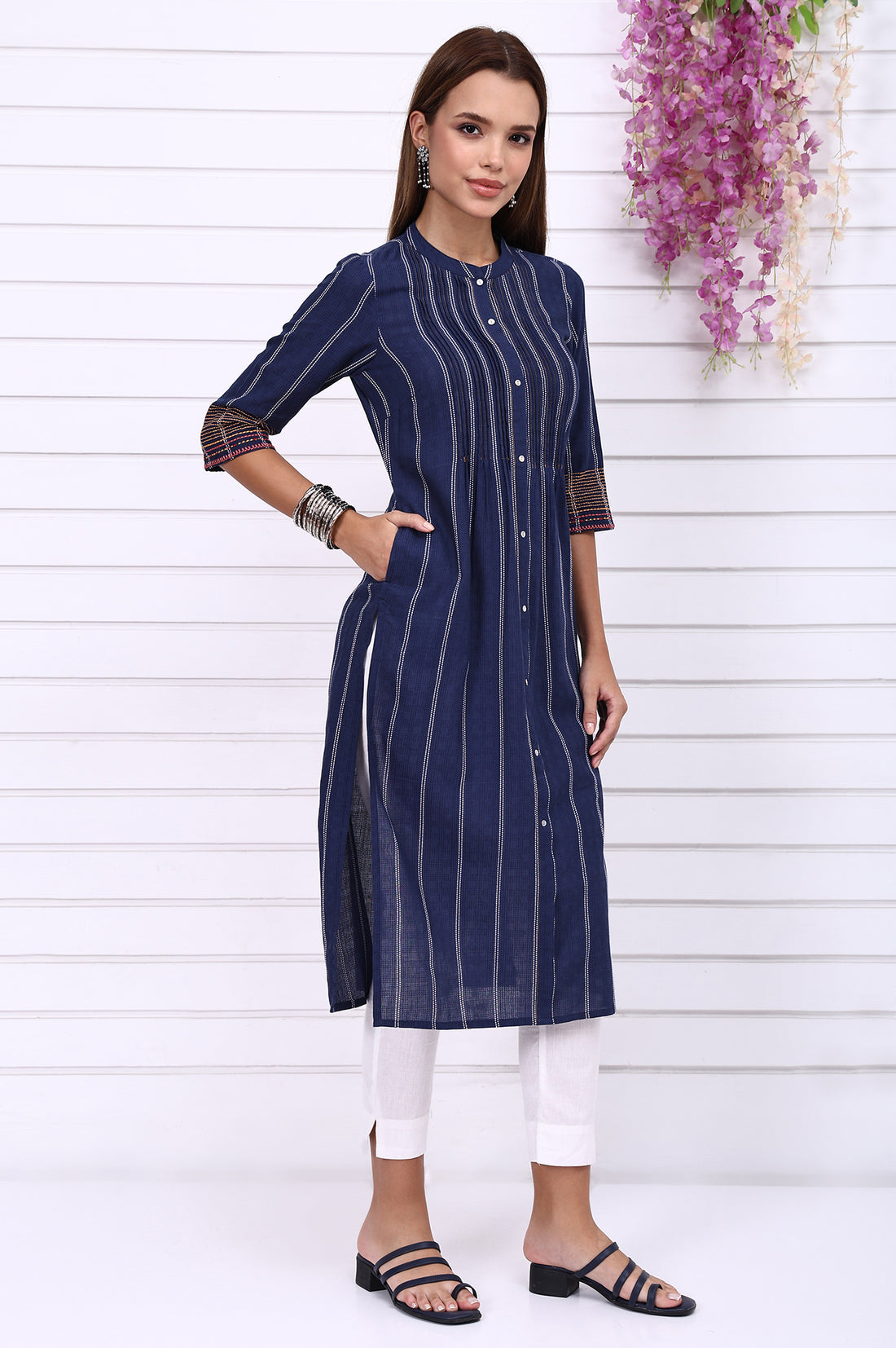 Navy Blue Striped Printed Thread Embroidered Cotton Straight Kurta