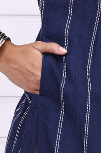 Navy Blue Striped Printed Thread Embroidered Cotton Straight Kurta
