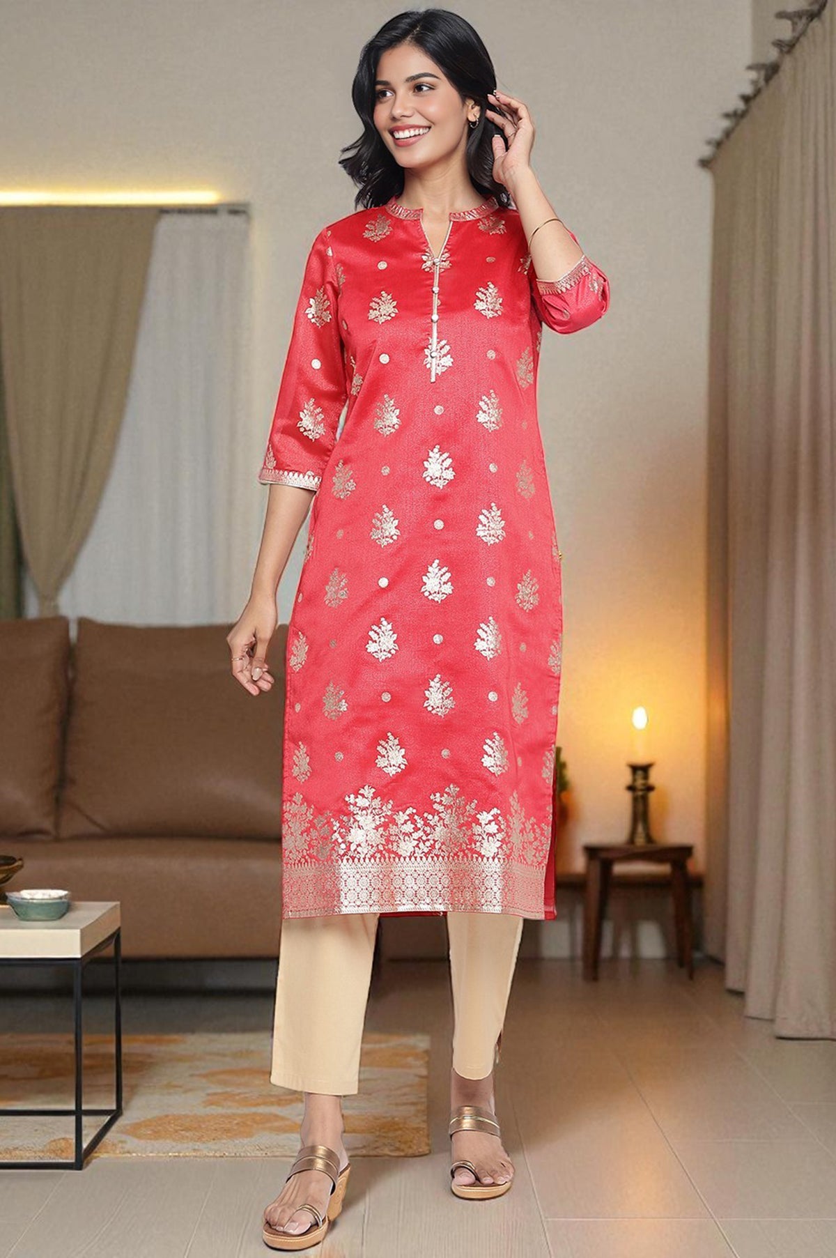 Rich Red Ethnic Motifs Printed Straight Tissue Kurta - S
