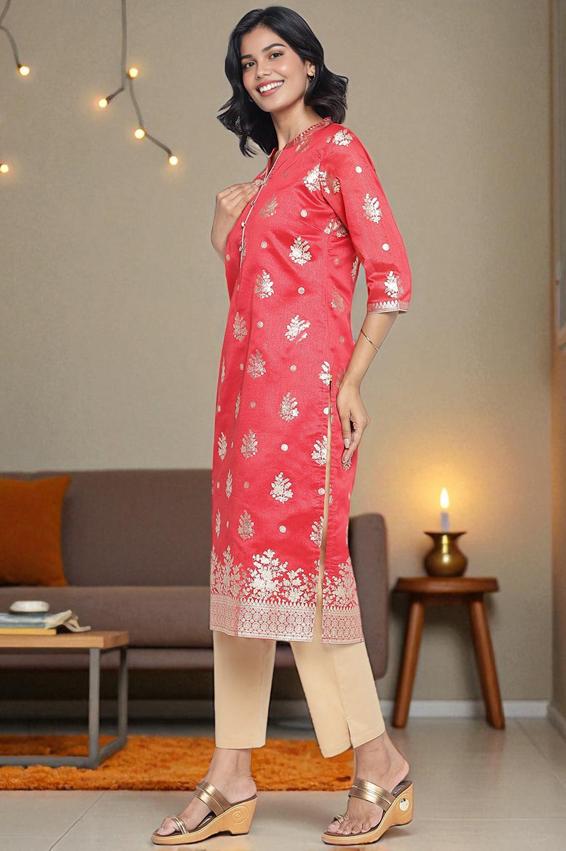 Rich Red Ethnic Motifs Printed Straight Tissue Kurta