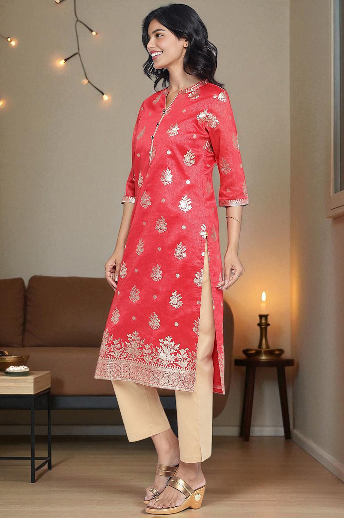 Rich Red Ethnic Motifs Printed Straight Tissue Kurta