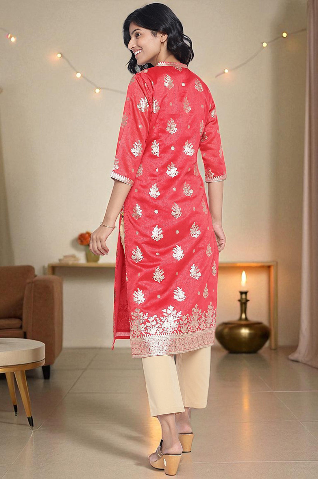 Rich Red Ethnic Motifs Printed Straight Tissue Kurta