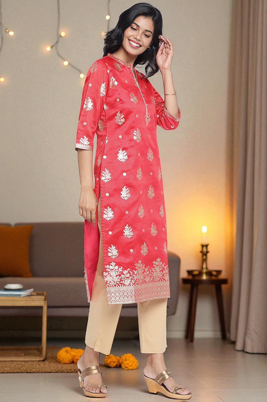 Rich Red Ethnic Motifs Printed Straight Tissue Kurta