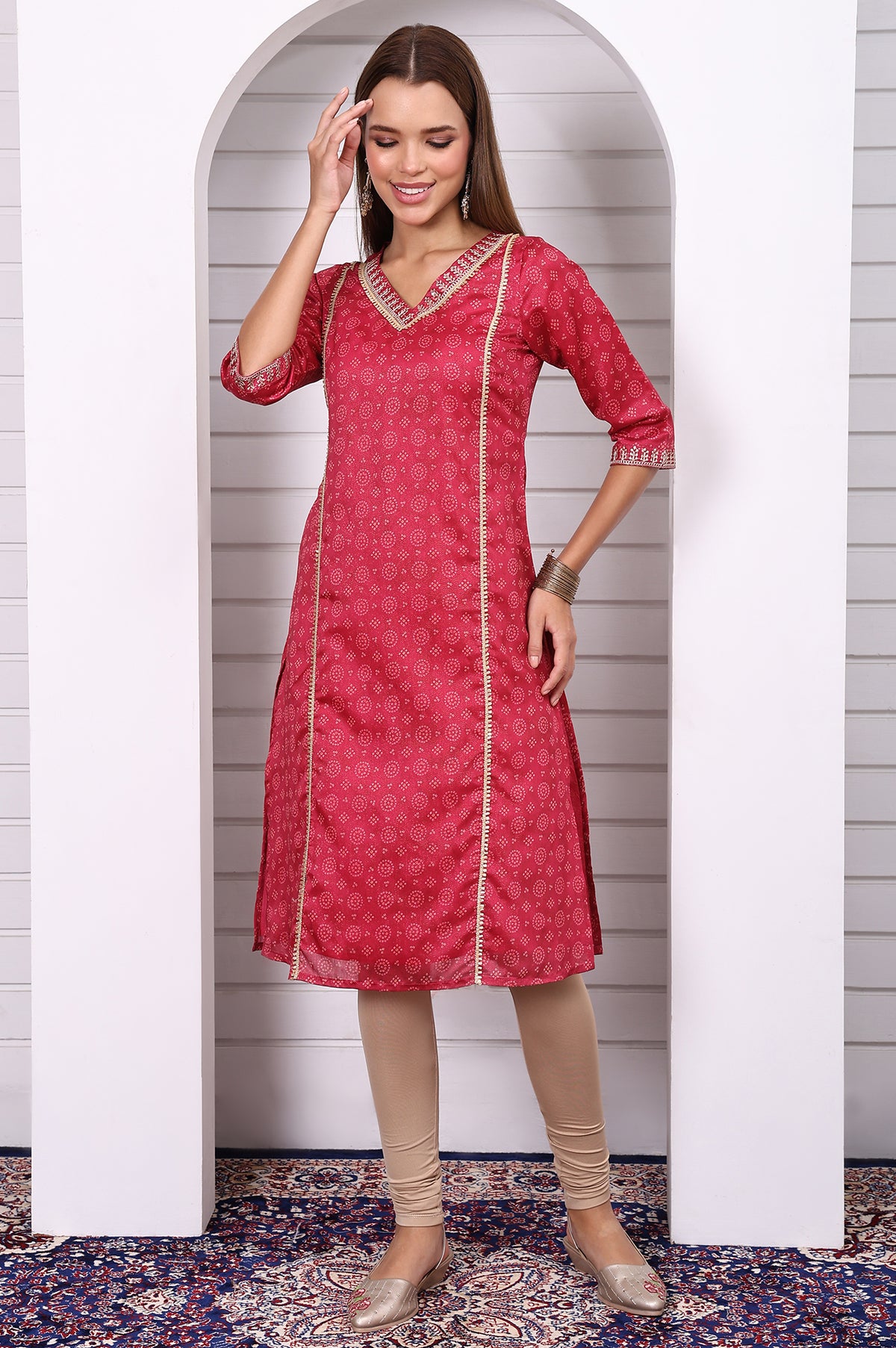 Pink Abstract Printed Lace Straight Kurta - S