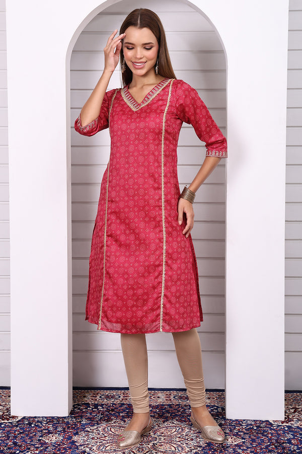 Pink Abstract Printed Lace Straight Kurta