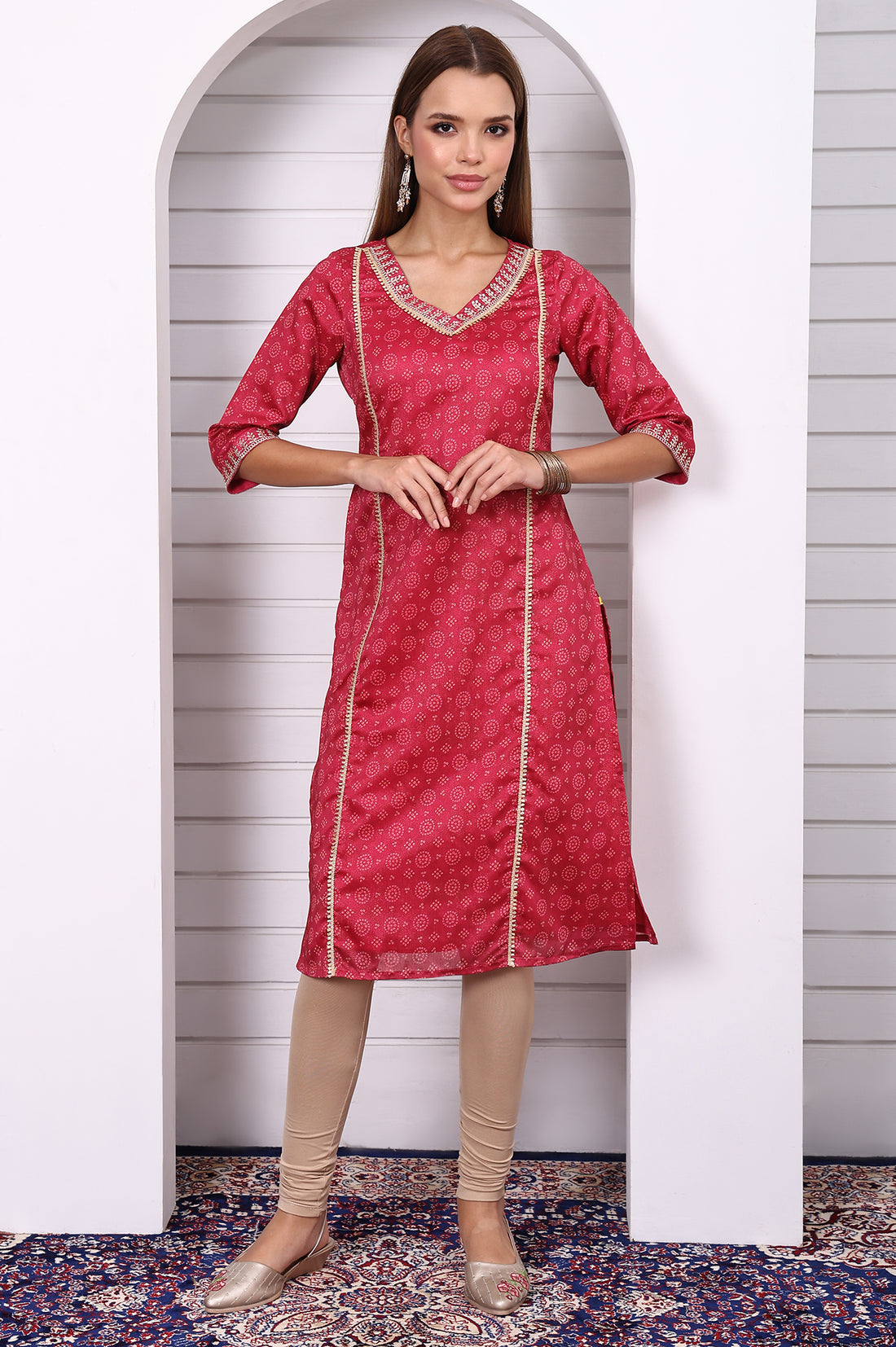 Pink Abstract Printed Lace Straight Kurta