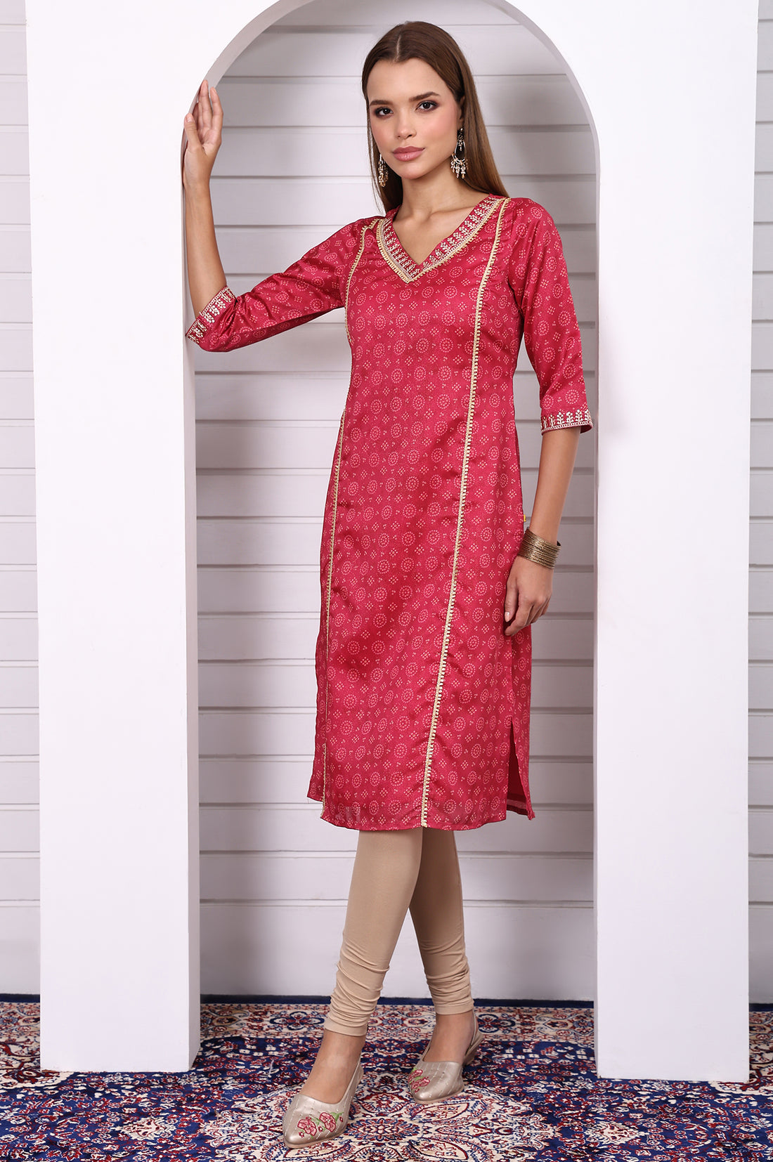 Pink Abstract Printed Lace Straight Kurta