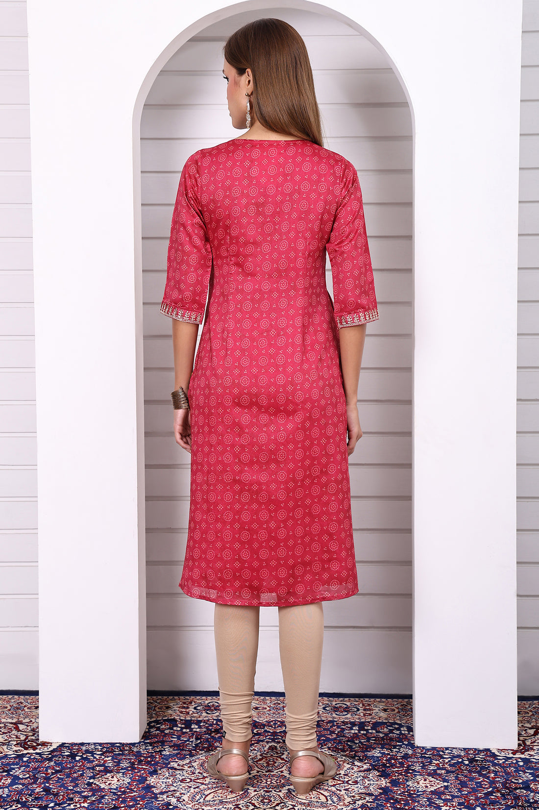 Pink Abstract Printed Lace Straight Kurta
