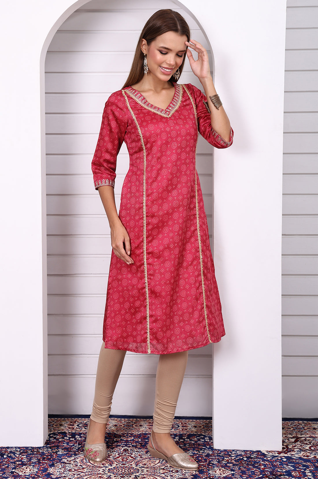 Pink Abstract Printed Lace Straight Kurta