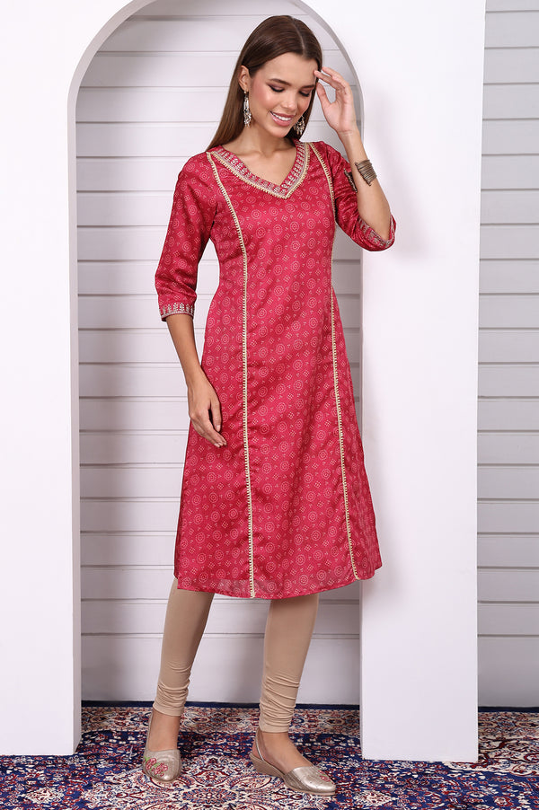 Pink Abstract Printed Lace Straight Kurta