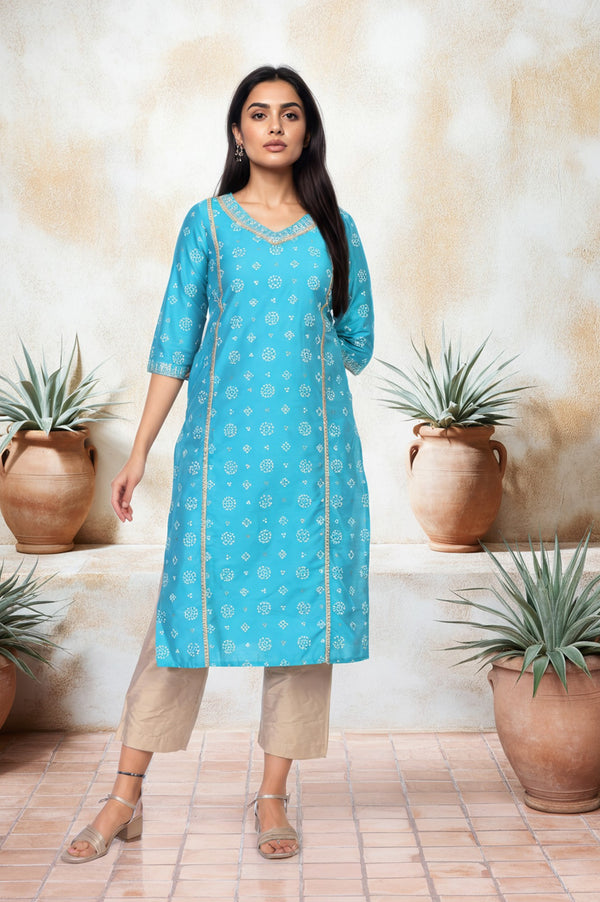 Blue Bandhani Printed Straight Rayon Kurta with Lace