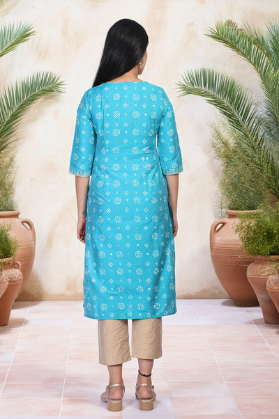 Blue Bandhani Printed Straight Rayon Kurta with Lace