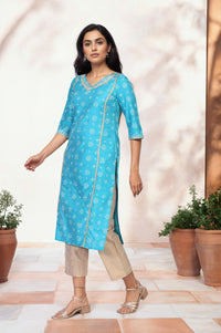 Blue Bandhani Printed Straight Rayon Kurta with Lace