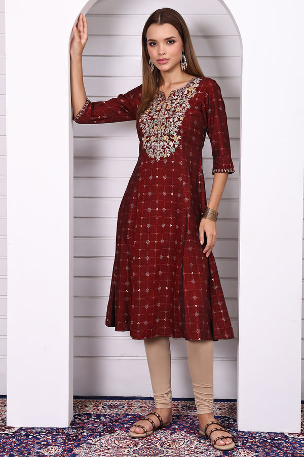 Maroon Abstract Printed Gotta Patti A-line Kurta