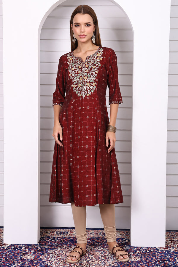 Maroon Abstract Printed Gotta Patti A-line Kurta