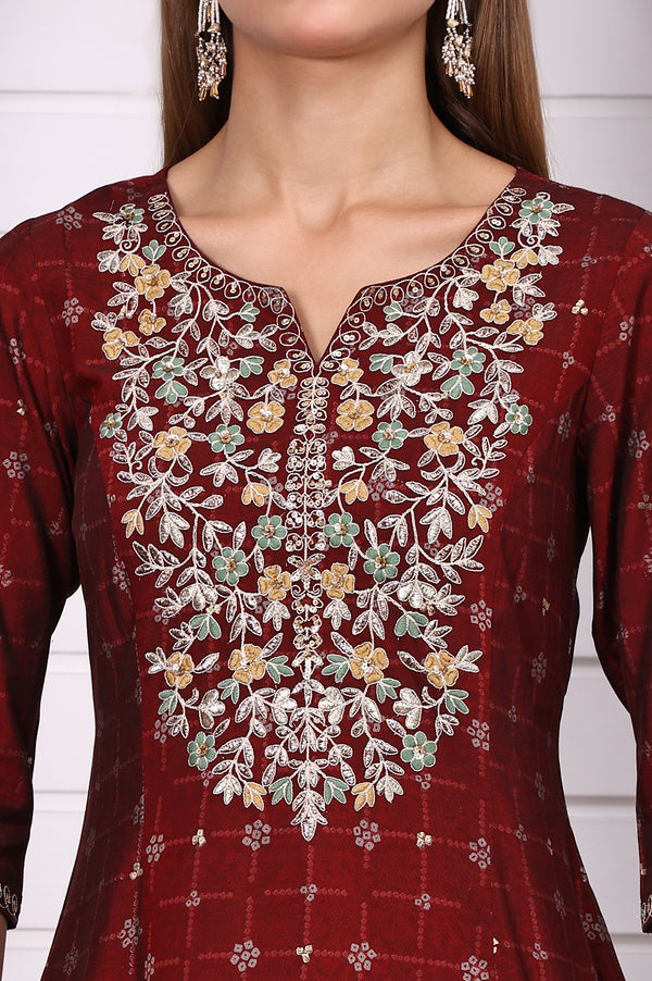 Maroon Abstract Printed Gotta Patti A-line Kurta
