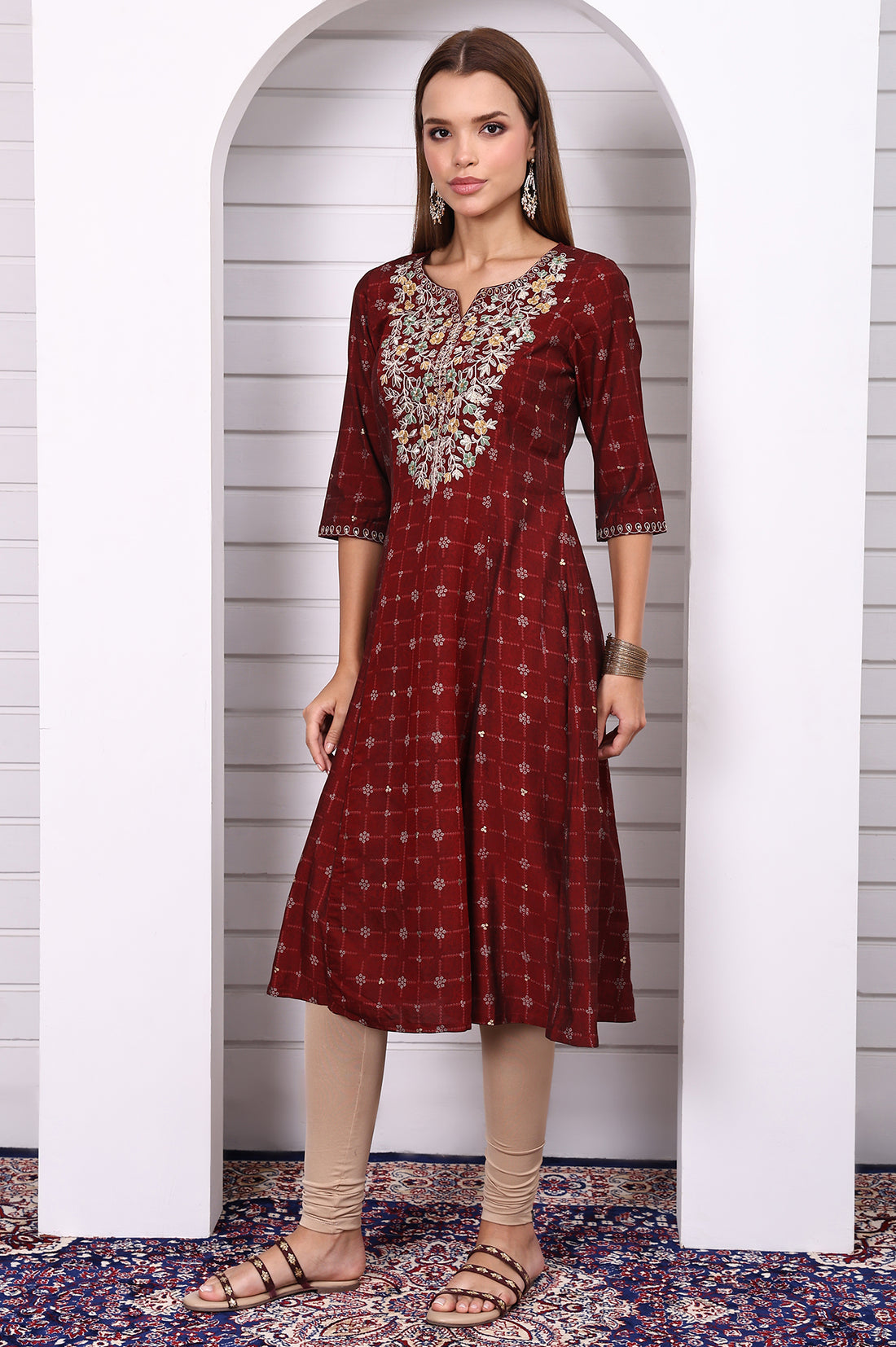Maroon Abstract Printed Gotta Patti A-line Kurta