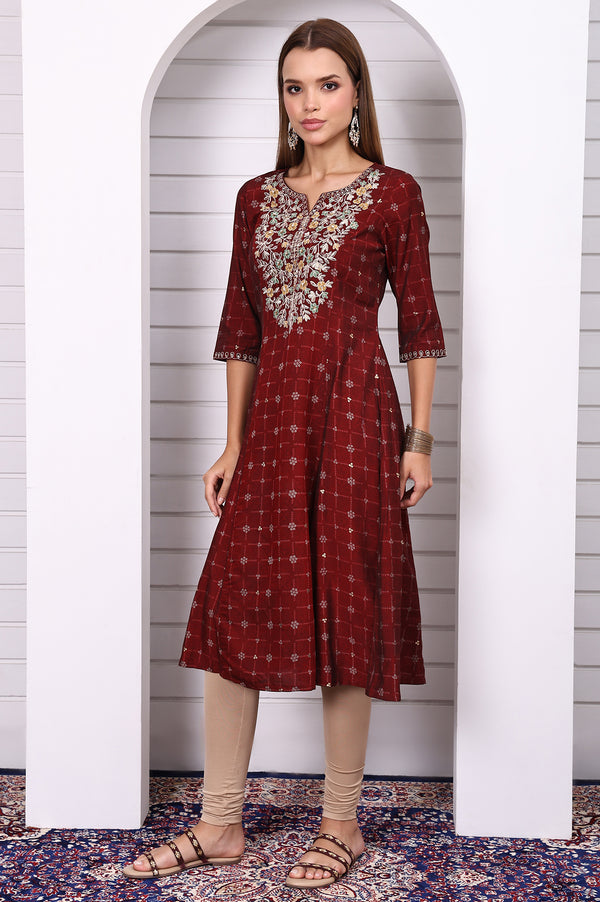 Maroon Abstract Printed Gotta Patti A-line Kurta