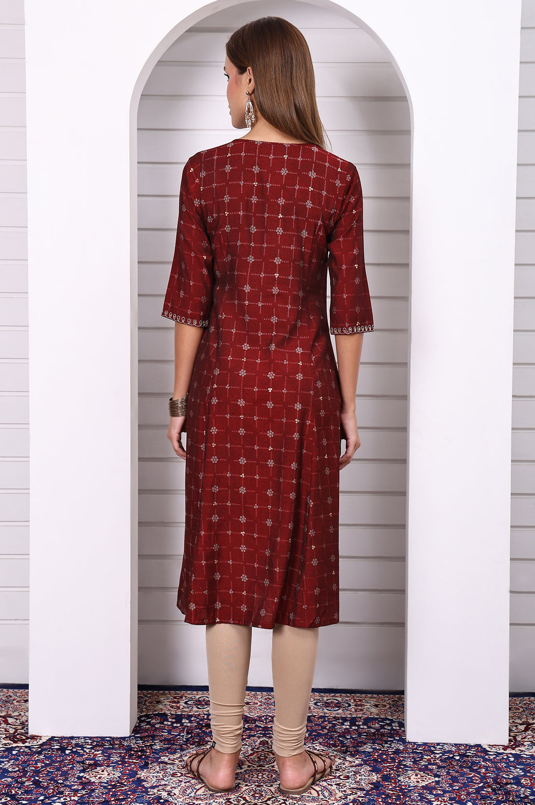 Maroon Abstract Printed Gotta Patti A-line Kurta