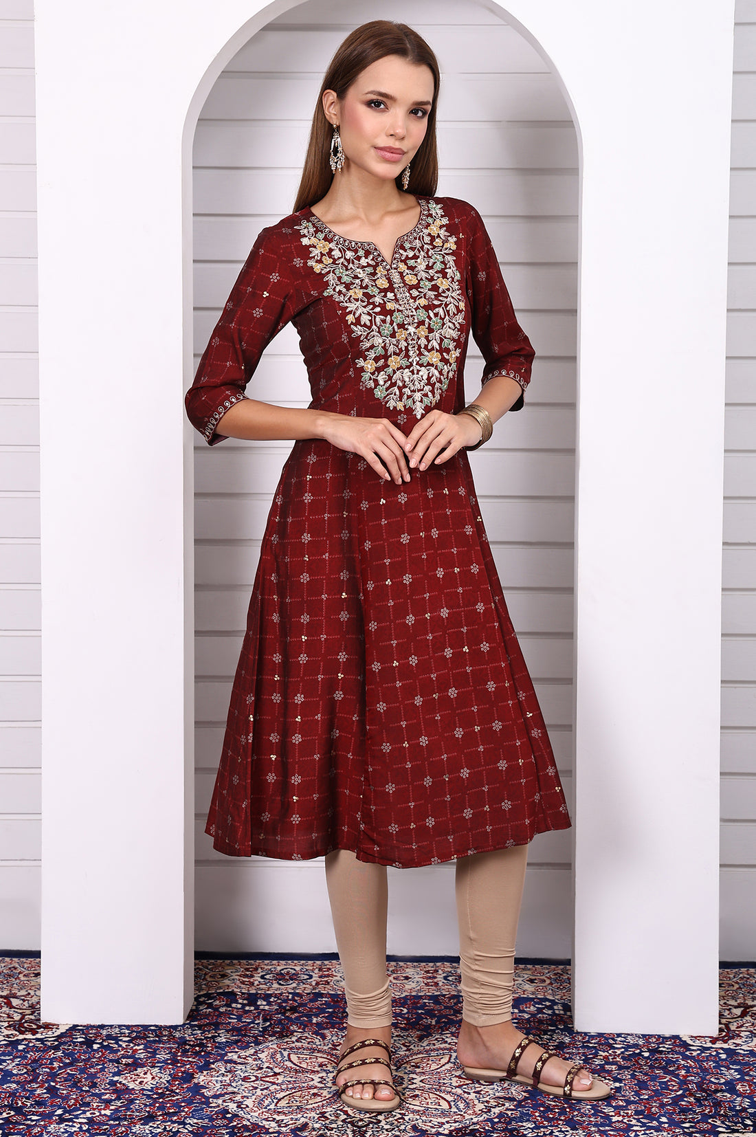 Maroon Abstract Printed Gotta Patti A-line Kurta