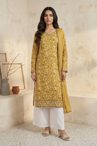 Mustard Floral Printed Thread Work Acrylic Straight Kurta for Winter