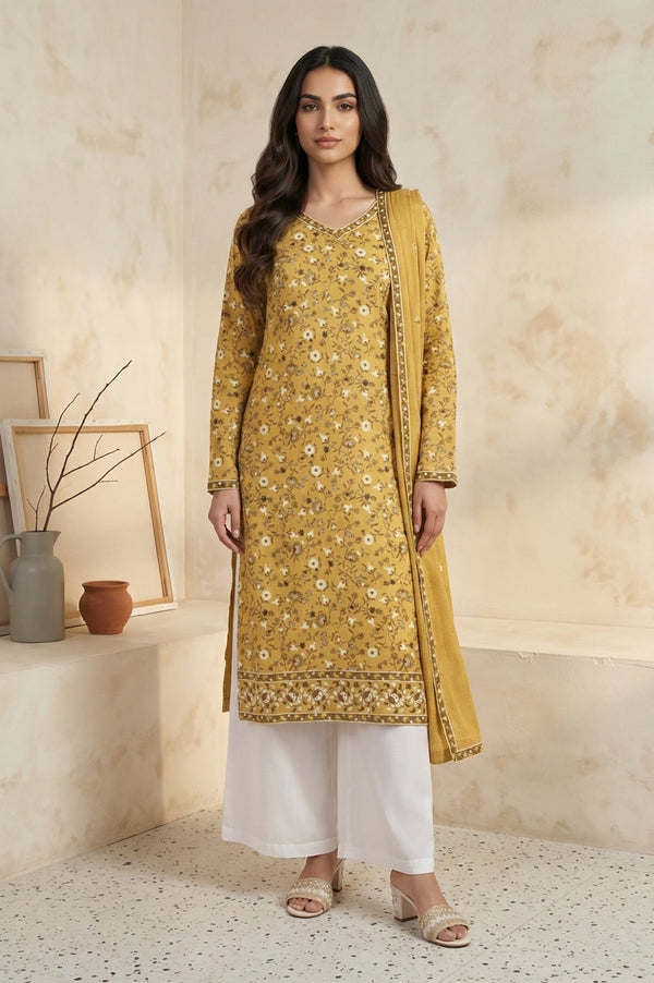 Mustard Floral Printed Thread Work Acrylic Straight Kurta for Winter