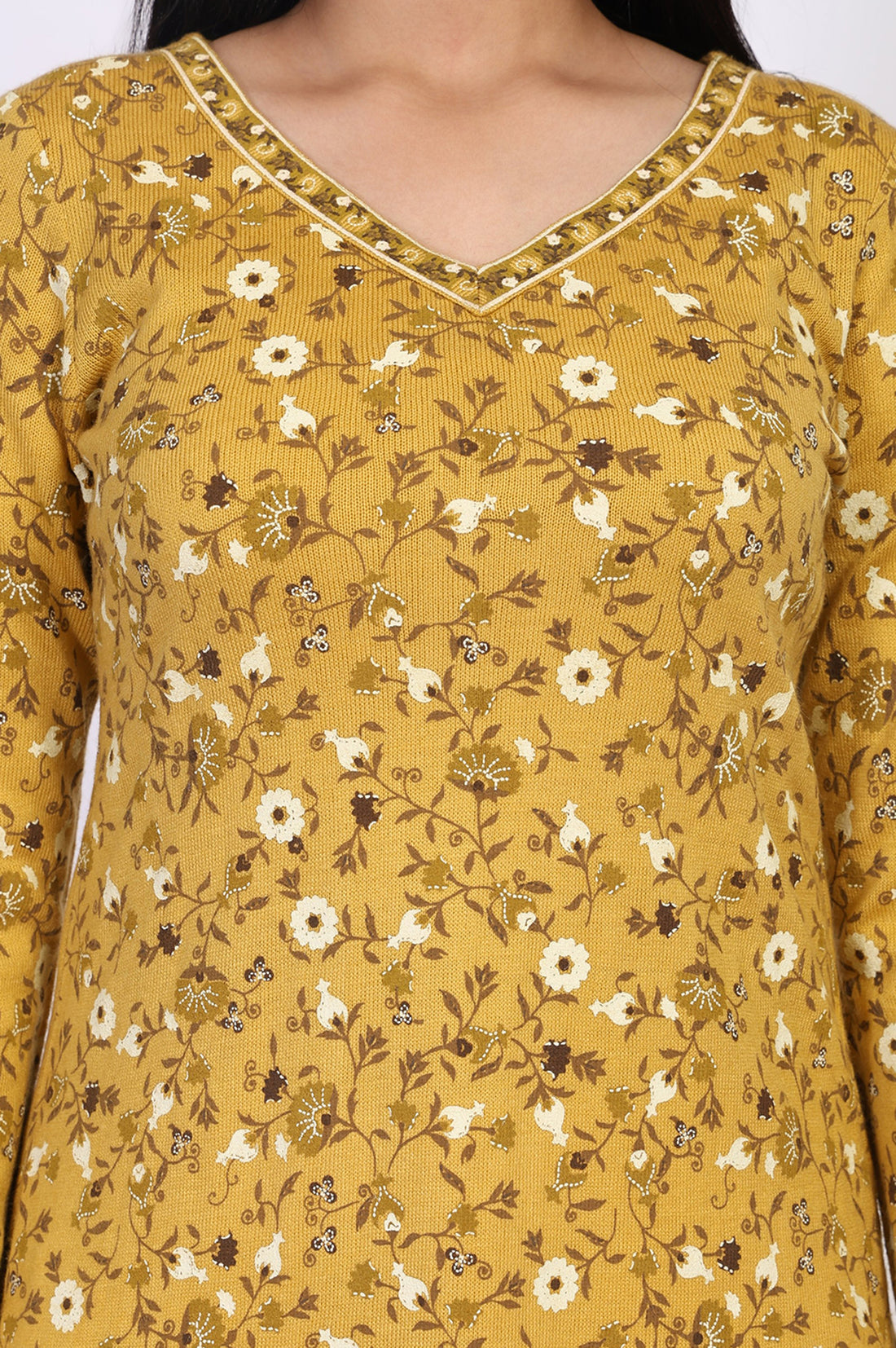 Mustard Floral Printed Thread Work Acrylic Straight Kurta for Winter