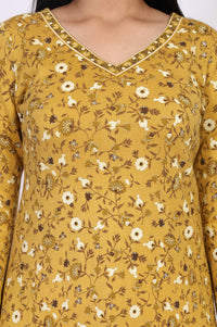 Mustard Floral Printed Thread Work Acrylic Straight Kurta for Winter
