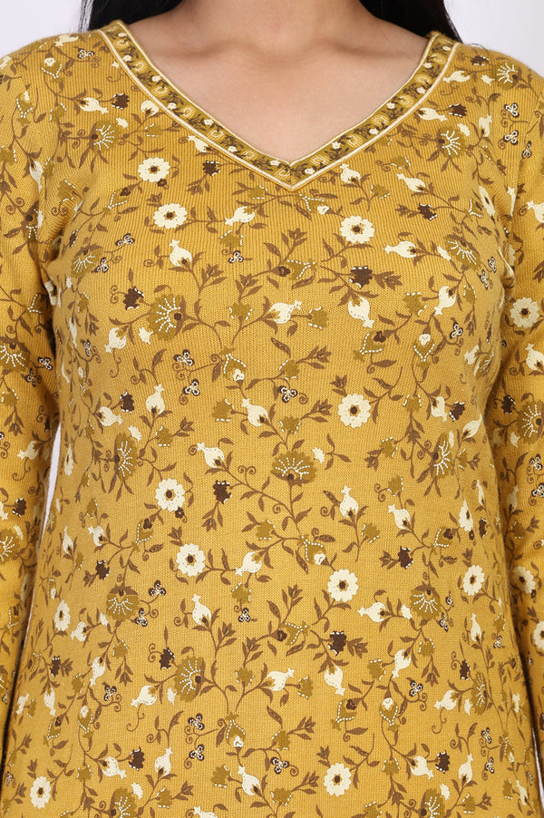 Mustard Floral Printed Thread Work Acrylic Straight Kurta for Winter